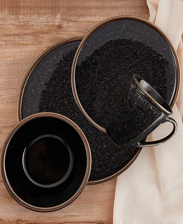 Aparelho de Jantar e Chá em Porcelana Preto Artístico Borda Reta Lunéa - 16 Peças