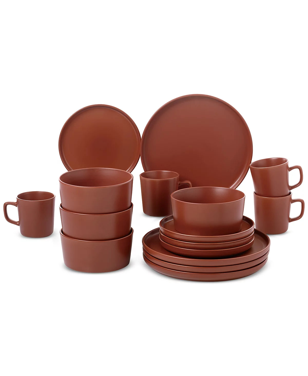 Aparelho de Jantar e Chá em Porcelana Terracota Clássico Borda Reta - 16 Peças