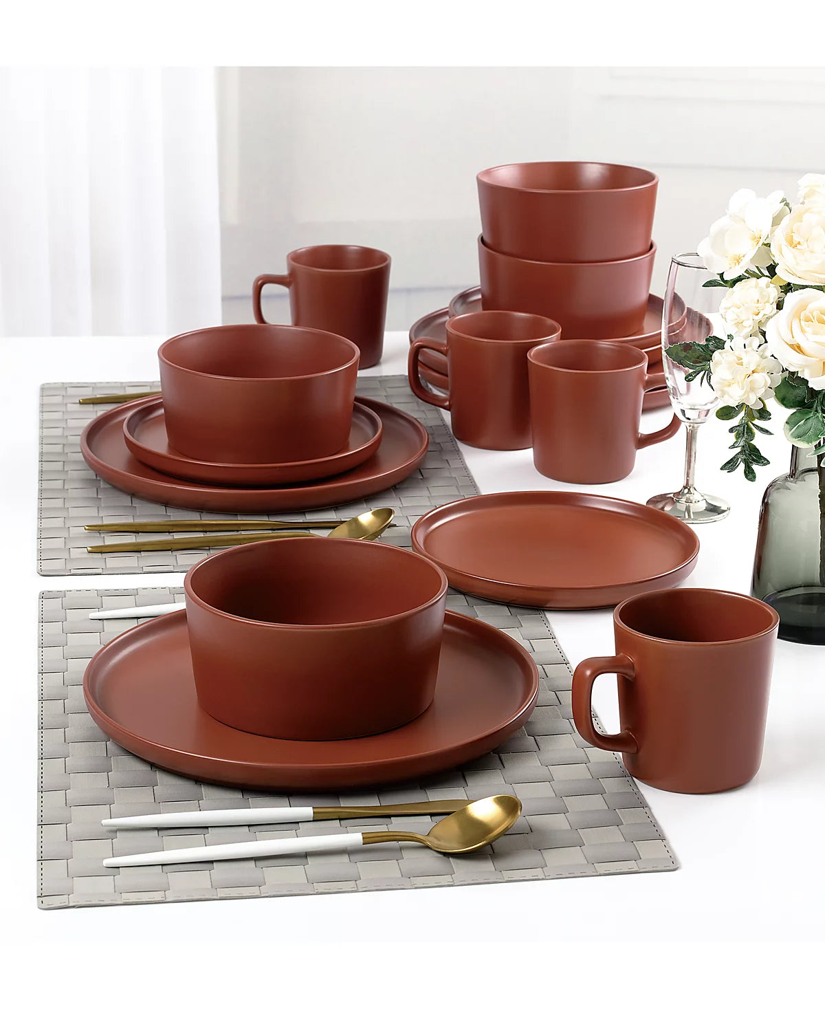 Aparelho de Jantar e Chá em Porcelana Terracota Clássico Borda Reta - 16 Peças