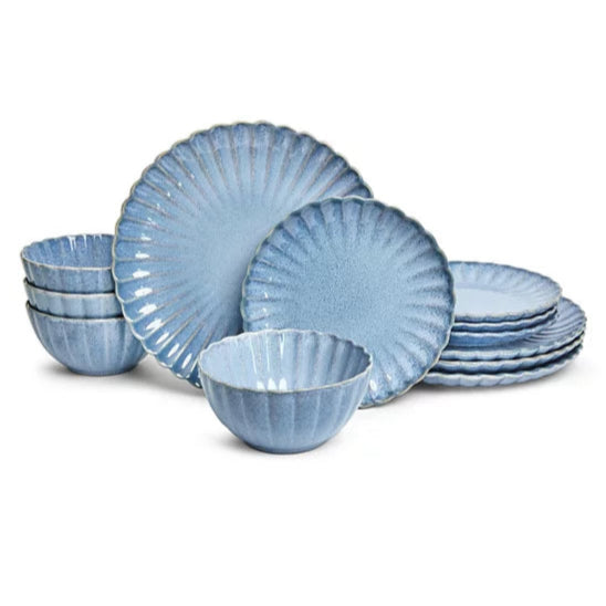 Aparelho de Jantar em Porcelana Estilizado Azul Nami - 12 Peças