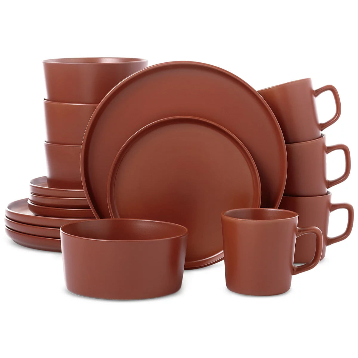 Aparelho de Jantar e Chá em Porcelana Terracota Clássico Borda Reta - 16 Peças