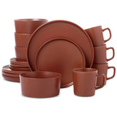 Aparelho de Jantar e Chá em Porcelana Terracota Clássico Borda Reta - 16 Peças
