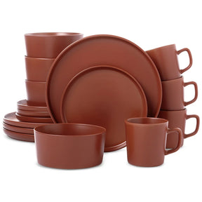 Aparelho de Jantar e Chá em Porcelana Terracota Clássico Borda Reta - 16 Peças
