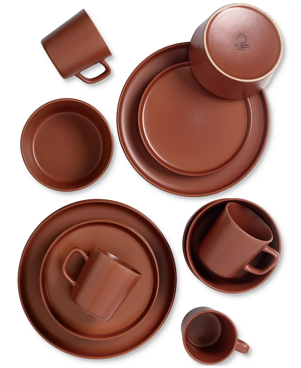 Aparelho de Jantar e Chá em Porcelana Terracota Clássico Borda Reta - 16 Peças