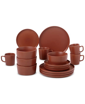 Aparelho de Jantar e Chá em Porcelana Terracota Clássico Borda Reta - 16 Peças