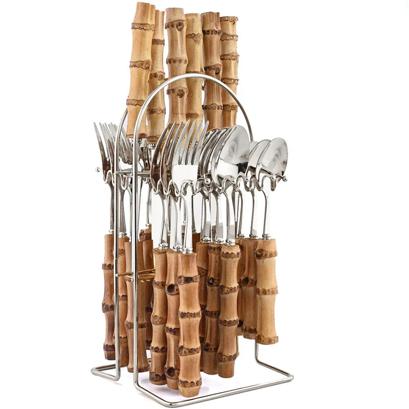Conjunto de Talheres Inox com Cabo em Bambu Natural - BambooPrime
