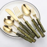 Jogo de Talheres em Inox Dourado com Bambu Verde - 18 Peças