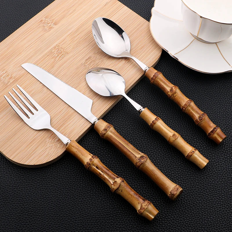 Conjunto de Talheres Inox com Cabo em Bambu Natural - BambooPrime